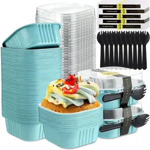 100 Pcs 10 oz Mini Cake Pans with Lids Aluminum Foil Disposable Ramekins Mini Cake Cups with Spork Sticker Square Cupcake Cups Baking Tins for Kitchen Party Wedding Birthday