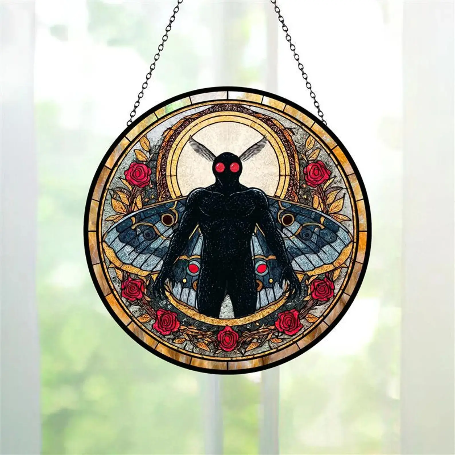 Mothman Stained Glass Suncatcher, Cryptid Window Hanging Decor, Mythical Creature Ornament, Gothic Paranormal Gift, Halloween Decor