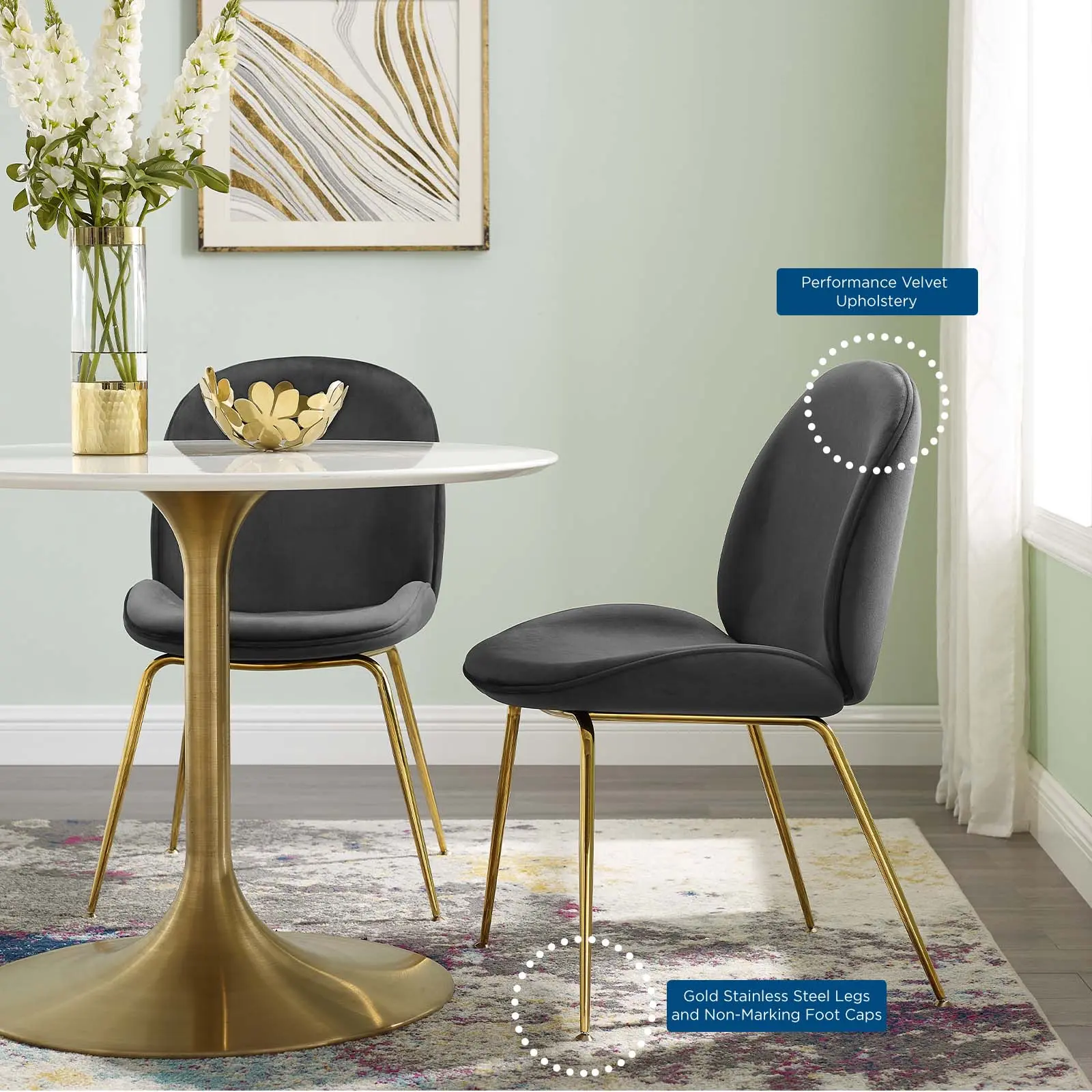 Modway Scoop Modern Dining Chair - Black Performance Velvet, Gold Stainless Steel Legs, Modern Dining Chairs