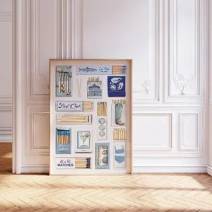 (No Frame) Vintage Matchbox Print, Trendy Matches Poster, Retro Matchbook Wall Art, Funky Blue Aesthetic Print for Apartment
