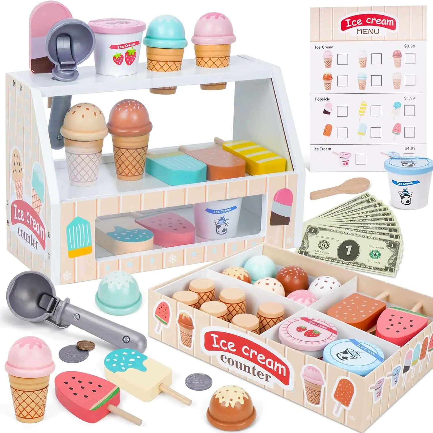 Halloween Fall Gift Wooden Ice Cream Counter Playset for Kids, Toddler Girl Toys Kitchen Playset Pretend Play Gifts for 3+