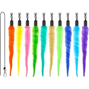 10PCS Cat Worm Teaser Toys with 1PC Black Replacement String for Cat Fishing Pole, Cat Wand Toy Accessories Feather Attachments for Indoor Cats Kitten