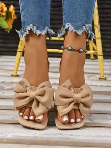 Women's Bow Slip-On Sandals, Soft Textile Upper, Fashion Anti-Slip Outdoor Beach Shoes, Comfortable Soft Sole, Summer Casual Footwear for Dating Shopping Work