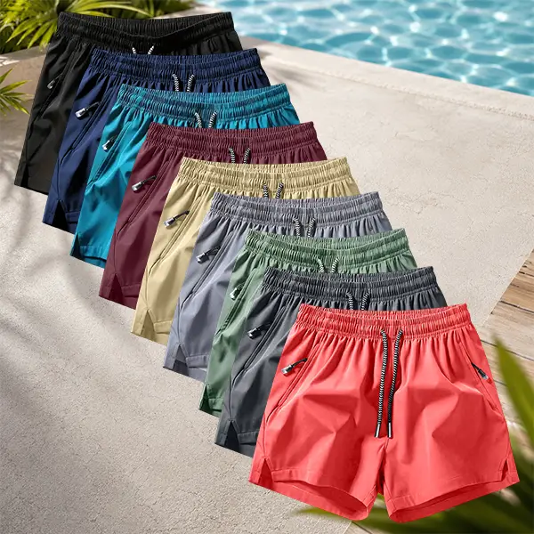 Men’s 9-piece set Solid Color Swim Trunks with Zipper Pockets, Elastic Drawstring Waist, Casual Summer Beach Shorts for Pool, Vacation, Surfing and Daily Wear tiktok shop deals