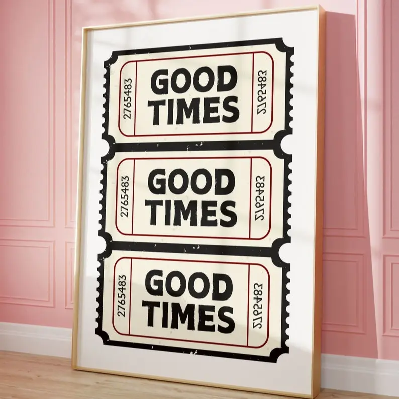 Retro Good Times Ticket Art Print - Waterproof Framed Vintage Wall Decor, Plaid Room Art Illustrations with Artistic Box, Unframe-Style Option for Kitchen