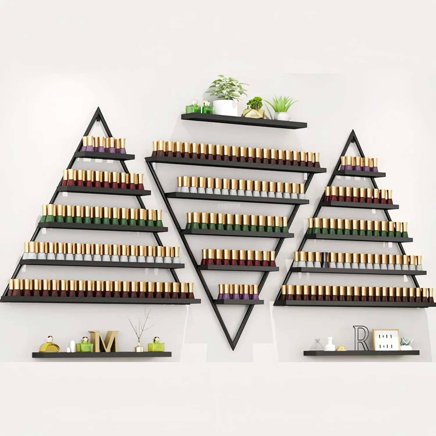 10PCS Wall Mounted Nail Polish Organizer Rack Set, 5-Tier Metal Display Shelves for Nail Polish, Perfume, Lipstick & Essential Oils, Triangle Storage Rack for Nail Salons, Spas, Beauty Studios & Home Use