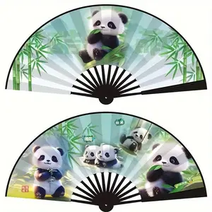 Panda Bamboo Print 10-Inch Folding Fan - Chinese Style Cloth Fabric with Adorable Panda Designs for Travel Souvenir, Home Decoration & Gift Idea