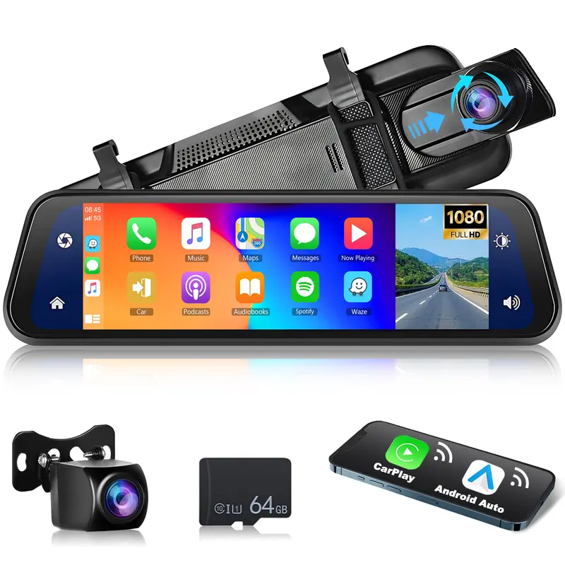 9.66-Inch IPS Touch Screen 2.5K In-Mirror Rearview Dash Cam Recorder, 1080p Smart Front & Rear Backup Camera, Wireless CarPlay & Android Auto, Blind Spot/Parking Monitoring, Split Screen, 64GB Card, Smart Control Vehicle Safety Accessory for Driving