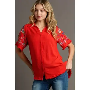 Umgee Full Size Linen Shirt with Embroidered Sleeves Plus Size