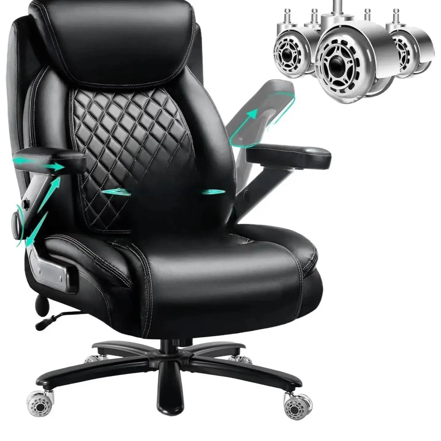 Large Heavy Duty with 5D Flip Arms, Big and Tall with Pocket Spring Cushion, Extra Wide Desk with Adjustable Lumbar Support,Dual Rubber Wheel High Reclining Ergonomic Leather Swivel Office Chair
