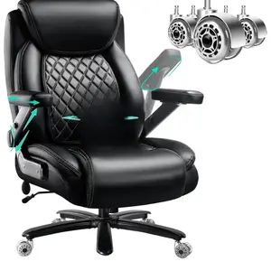 Large Heavy Duty with 5D Flip Arms, Big and Tall with Pocket Spring Cushion, Extra Wide Desk with Adjustable Lumbar Support,Dual Rubber Wheel High Reclining Ergonomic Leather Swivel Office Chair
