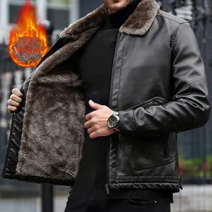 Men's Fleece Lined Leather Coat with Turn Down Collar for Autumn and Winter