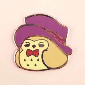 Tea Time Brown Owl Pin - Enamel Pin with Glitter Hat Stripe and Bowtie