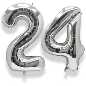 40 Inch Large 24 Balloon Numbers Silver, Big Foil Number Balloons, Giant Helium Happy 24th Birthday Party Decorations for Man and Women, Huge Mylar Anniversary Party Supplies