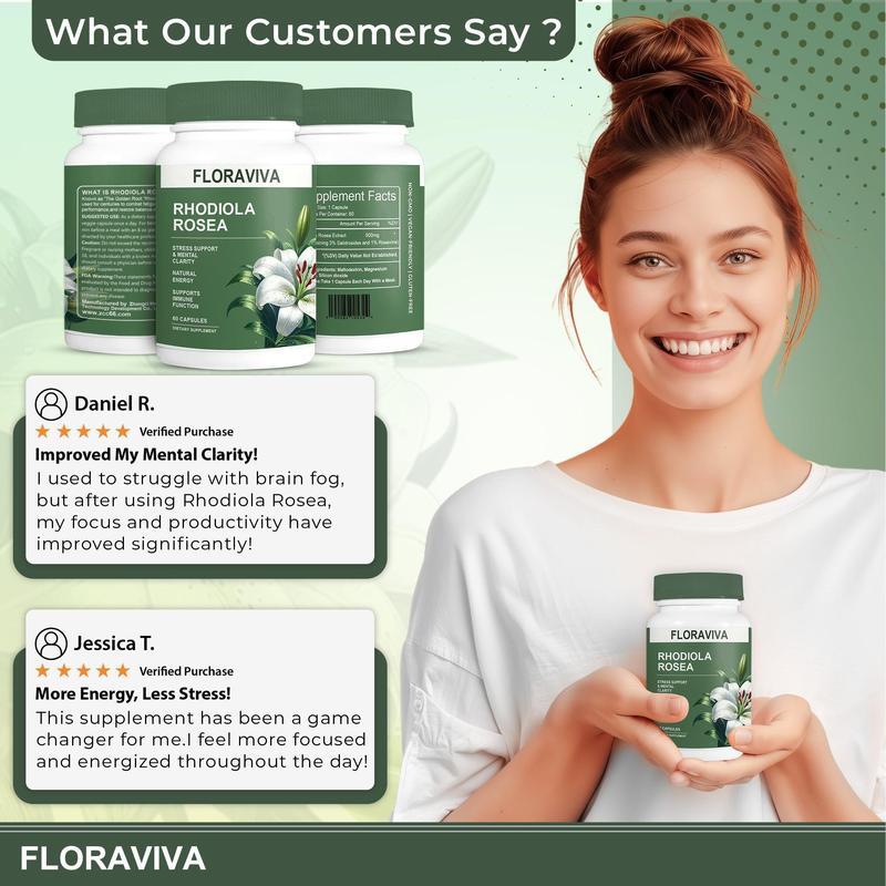 Floraviva Rhodiola Rosea [500mg] - Stress Relief, Energy Boost, Focus & Mood Support - Premium Adaptogen Capsules