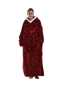 Women's Apple Pattern Drop Shoulder Hooded Flannel Lounge Robe, Casual Long Sleeve Pocket Design Blanket Hoodie, Ladies Sleepwear for Fall & Winter, Cozy Hooded Blanket