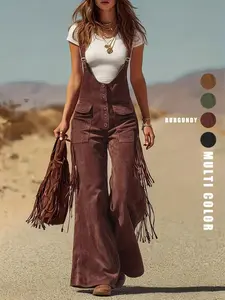 Women's Retro Vintage Basic Faux Suede Fringed Wide-Leg Cargo Pants