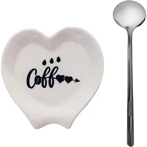 Heart-shaped Ceramic Coffee Spoon Rest - Mini Holder for Stirrers, Teaspoons, Bar Spoons - Coffee Bar Accessories, Coffee Station (White+Silver Spoon)