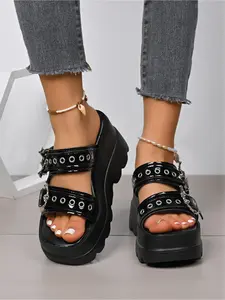 New Women's Gothic Bat Decor Platform Slides, Black Patent Leather Double Buckle Wedge Heel Sandals, Punk Chunky Platform Sandals for Goth Emo Alternative Fashion