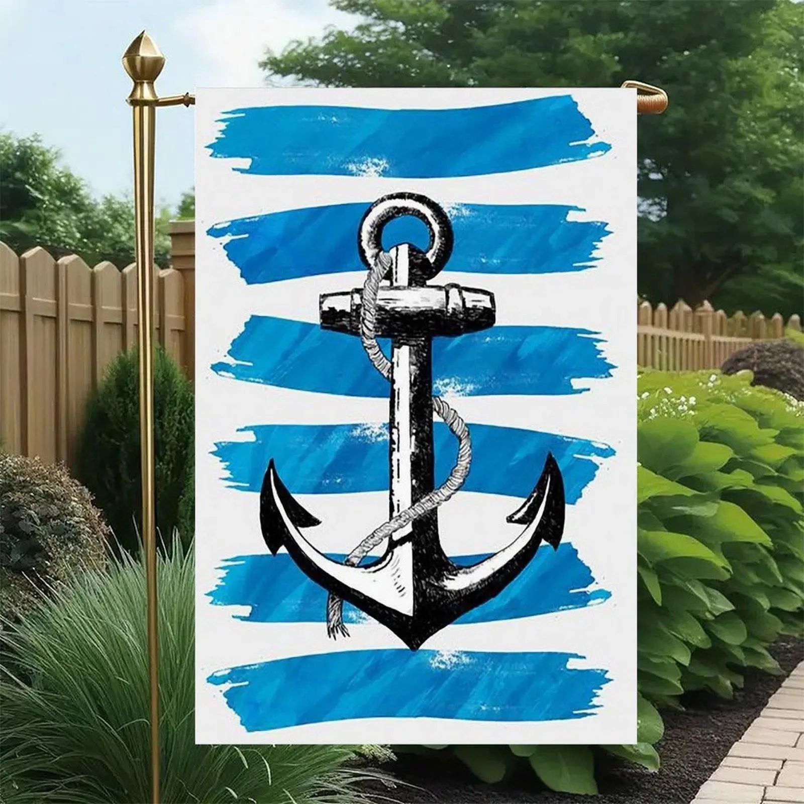 Vintage Nautical Black Anchor Rope Blue Brush Strip Coastal Beach Ocean Seaside Decor Garden Flag Double-Sided 12x18in, Nautical Anchor Porch Lawn Sign