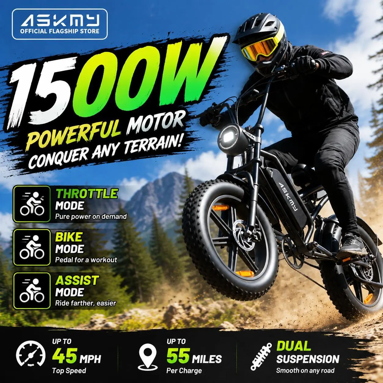 ASKMY E500 Fat Tire E-Bike | 1500Wh Peak Power | 48V 15Ah Long-Range Battery | 20-inch All-Terrain Electric Bike for Adults | Dual Suspension | 35MPH Max Speed | UL 2849 Certified Mountain E Bike