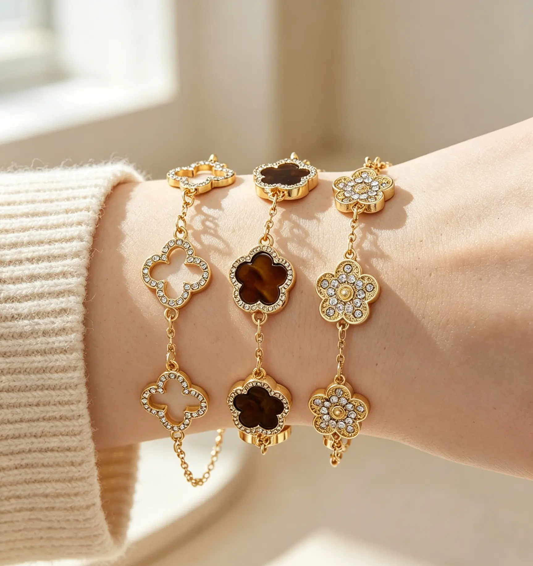 3Pcs Clover Petal Stackable Layering Bracelet Set, Dainty Friendship Jewelry for Women