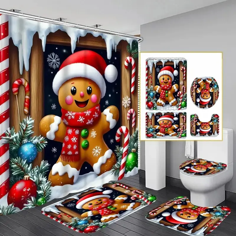 Christmas Gingerbread Man Cute Decorative Shower Curtain Set, Non-Slip Mat, U-Shaped Rug, Toilet Lid Cover, Perfect for Bathroom Decor, Includes 12 Hooks, Bathroom Decoration Accessories