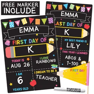 First & Last Day of School Sign (Marker + Pencil Flag Included) - 10x14 Reusable Back to School Chalkboard 1st for Kindergarten Preschool Daycare, Double Sided Dry Erase Board Photo Props for Kids