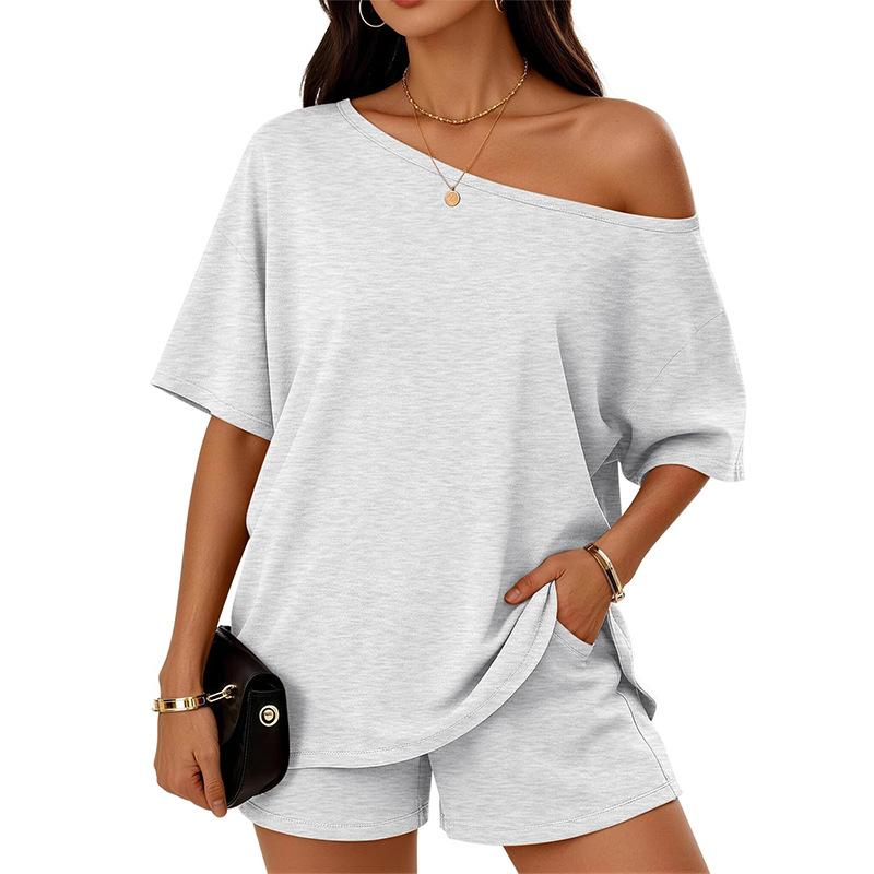 Women's 2 Piece Outfits Summer Casual Lounge Sets Off The Shoulder Tops and Shorts Sweatsuits Tracksuits with Pockets