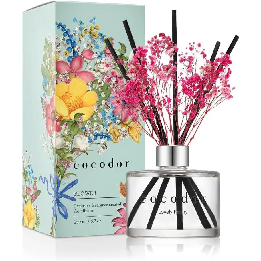 COCODOR Flower Reed Diffuser Set / 6.7oz / Lovely Peony/Scent Diffuser with Sticks Home Fragrance Reed Diffuser for Bathroom Shelf Decor