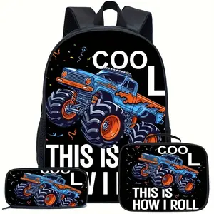 3Pcs Monster Truck "This Is How I Roll" Print Backpack Set Durable 600D Oxford Cloth School Bag Insulated Lunch Box & Pencil Case Combo Adjustable Breathable Strap Large Capacity Fits 15in Laptop for Kids Teens School Travel Outdoor Use