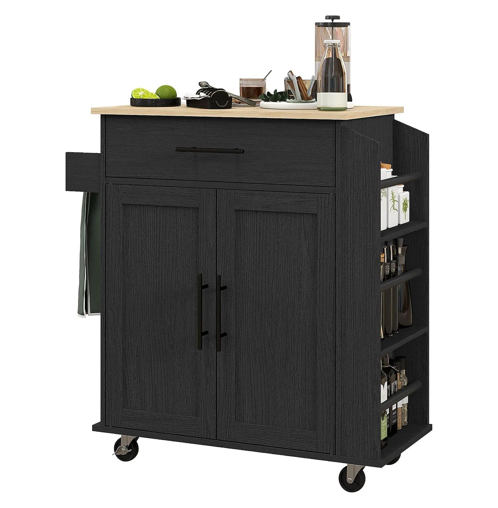 Kitchen Island with Charging Station, Portable Kitchen Cart with Wheels, Spice Rack & Drawer, Home Kitchen Storage - Black
