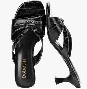 Kitten Heels for Women Square Toe Slip On Kitten Mule Sandals Comfortable 2.2 Inch Heels with Buckle Casual Party Wedding Dress Shoe