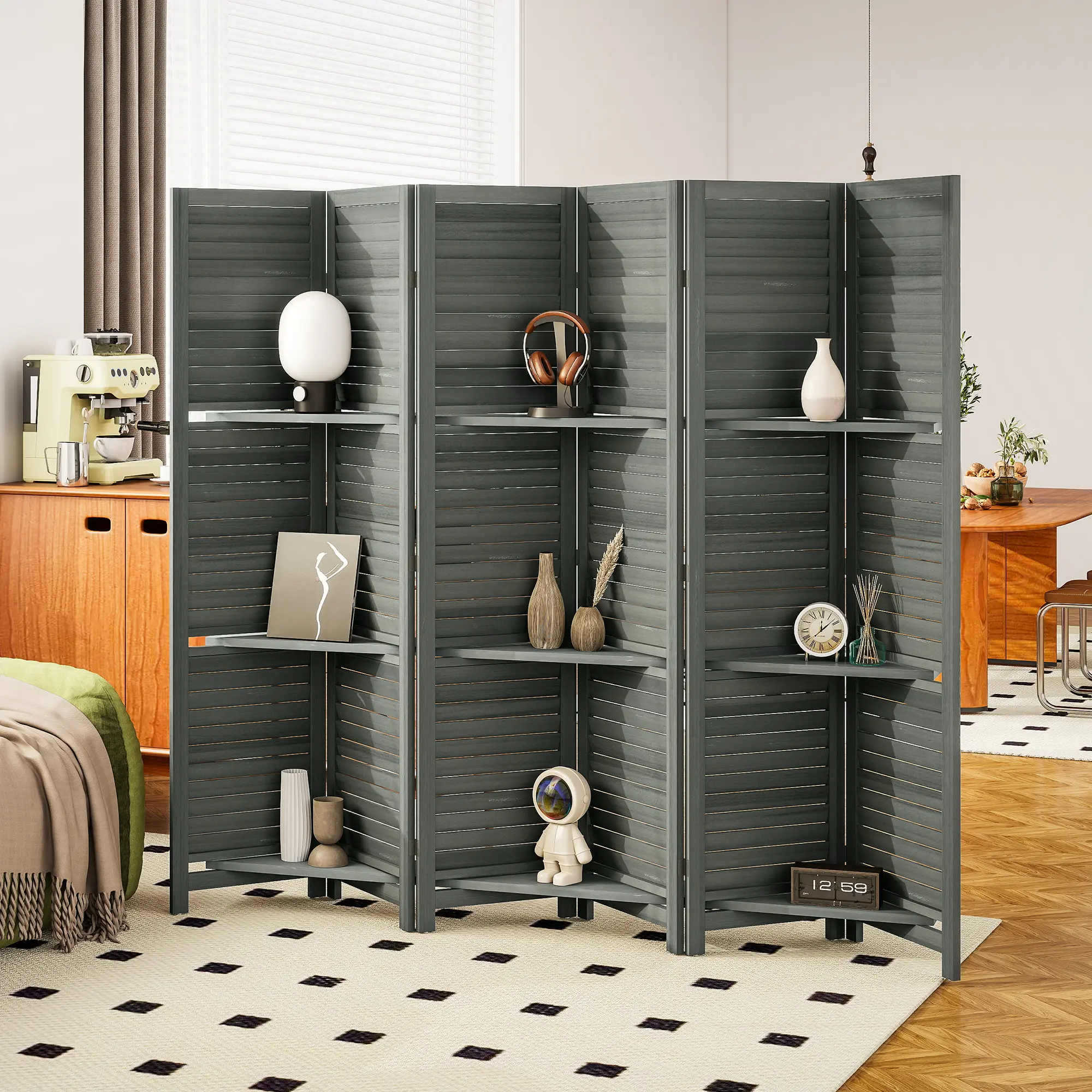 Gray 6-Panel 67" Tall Wood Privacy Screen Room Divider - Freestanding Partition with 3 Shelves, Folding Storage, for Bedroom, Living Room, Home Office, Plant Display Organizer