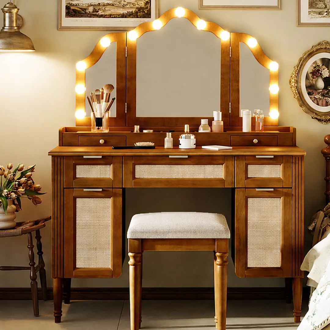 44.37-Inch Makeup Vanity Desk Dressing Table with Tri-Fold Mirror, 13 Hollywood LED Bulbs, 3 Lighting Modes, 5 Drawers, Shelves, Charging Station, Espresso/Natural/White Color Options, MDF & Rubber Wood, for Bedroom, MDF/Rubber Wood/Tempered