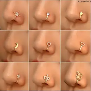 9pcs Non Piercing Nose Clip, U-Shaped Copper Nose Ring With Zirconia, Star & Heart Design Fake Nose Jewelry