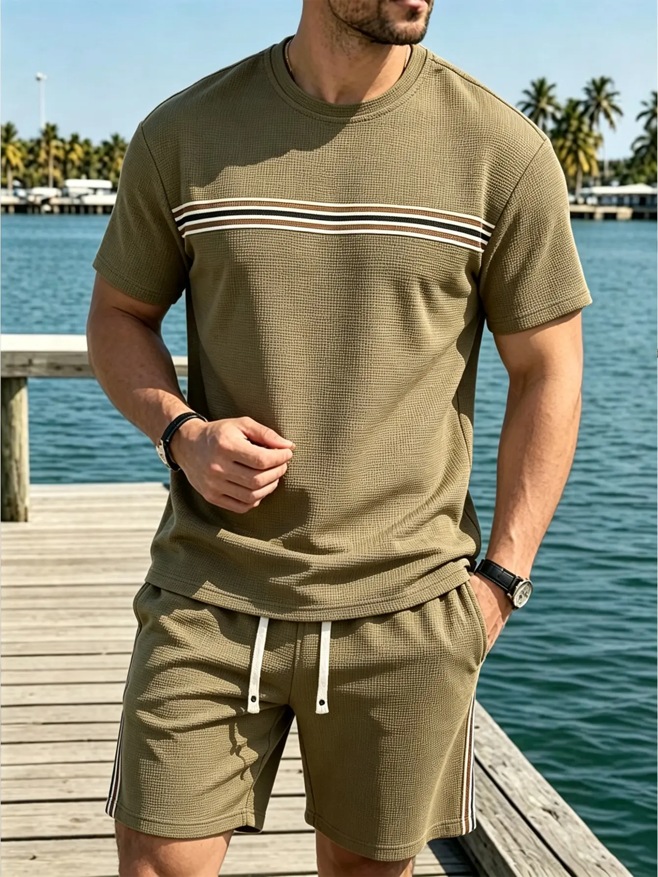 Men's 2-Piece Waffle Knit Polo Set, Basic Solid Shirt & Drawstring Shorts, Breathable Casual Summer Wear, Coordinated Top And Shorts Save Time, Menswear, Men's 2 Piece Sets, Shortsleeve, Classic, Stylish, Mens Clothing, Polyester sohochic, 2 Pcs Set