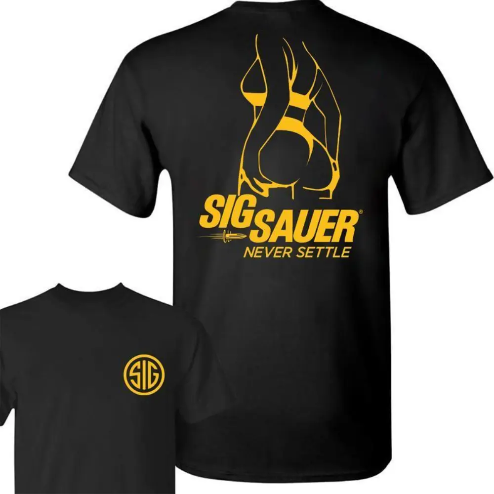 Classic Fit Short-Sleeve Round Neck Soft Cotton Bold Graphic Tee - 'Never Settle' Silhouette, Edgy Look Streetwear Top for Gun Enthusiasts, Standard Sizes