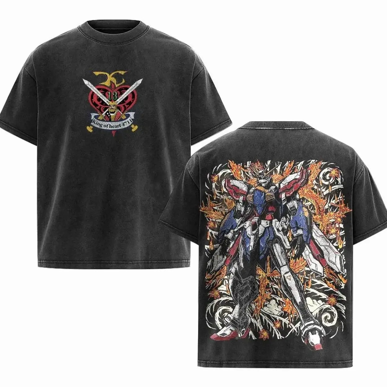 GOD GUNDAM Mobile Suit G Gundam Washed Tshirt 2 Sided Cotton unisex graphic tees game anime manga movie Menswear Casual graphic t-shirts back print 9OC