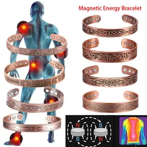 Hot Selling Magnetic Bracelet Ring Combination Vintage Flower Carved Red Copper Brushed Men and Women Jewelry