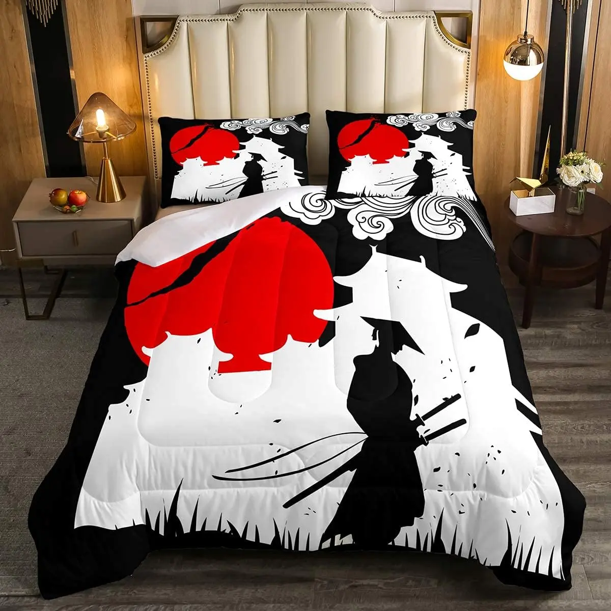 Feelyou Samurai Comforter Set - Sunset Print Down Comforter, Japanese Ukiyoe Bedding with Building Silhouette, Breathable Quilted Duvet, Comfy Decorative Bedding, Comfy Bedding Set, Decorative Bedding Set