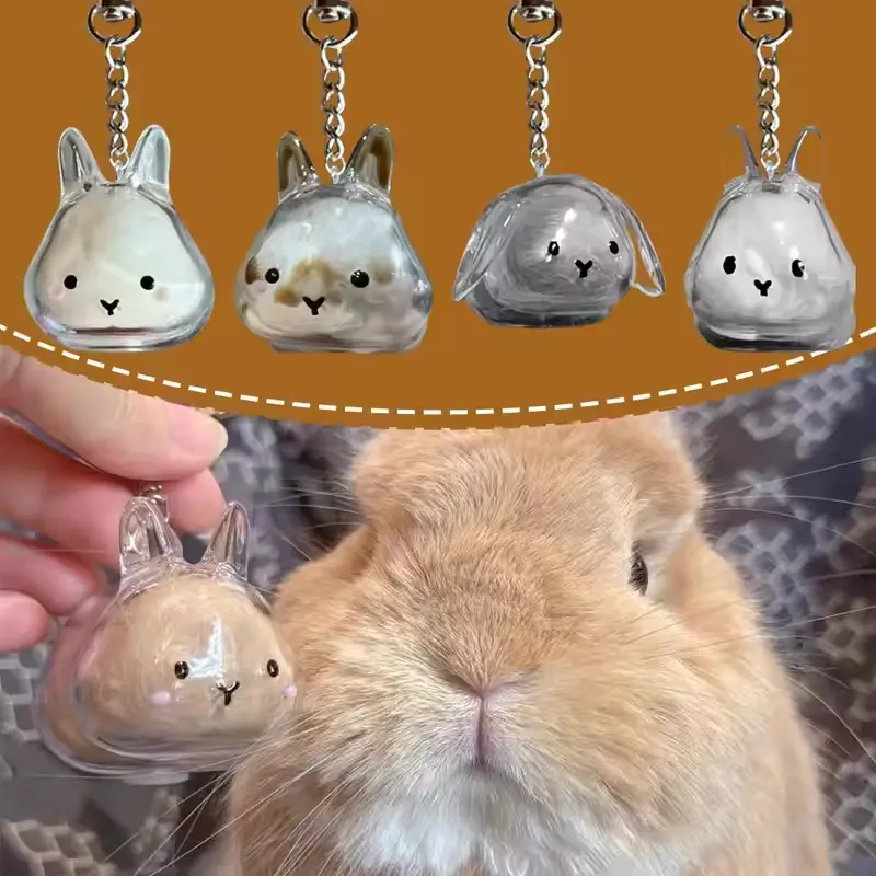 Cute Rabbit Shape Transparent Keyring Rabbit Fur Storage Box Charm Gacha Bunny Hair Keychain Storage Capsule Backpack Souvenirs