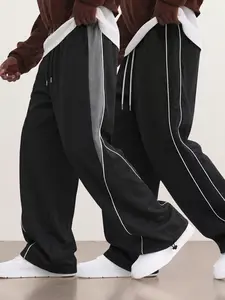 2-pack men’s trendy athletic straight-leg pants for spring/autumn, side gray contrast color paneling, urban street fashion versatile casual trousers, lightweight polyester fabric, suitable for everyday fitness and workouts.
