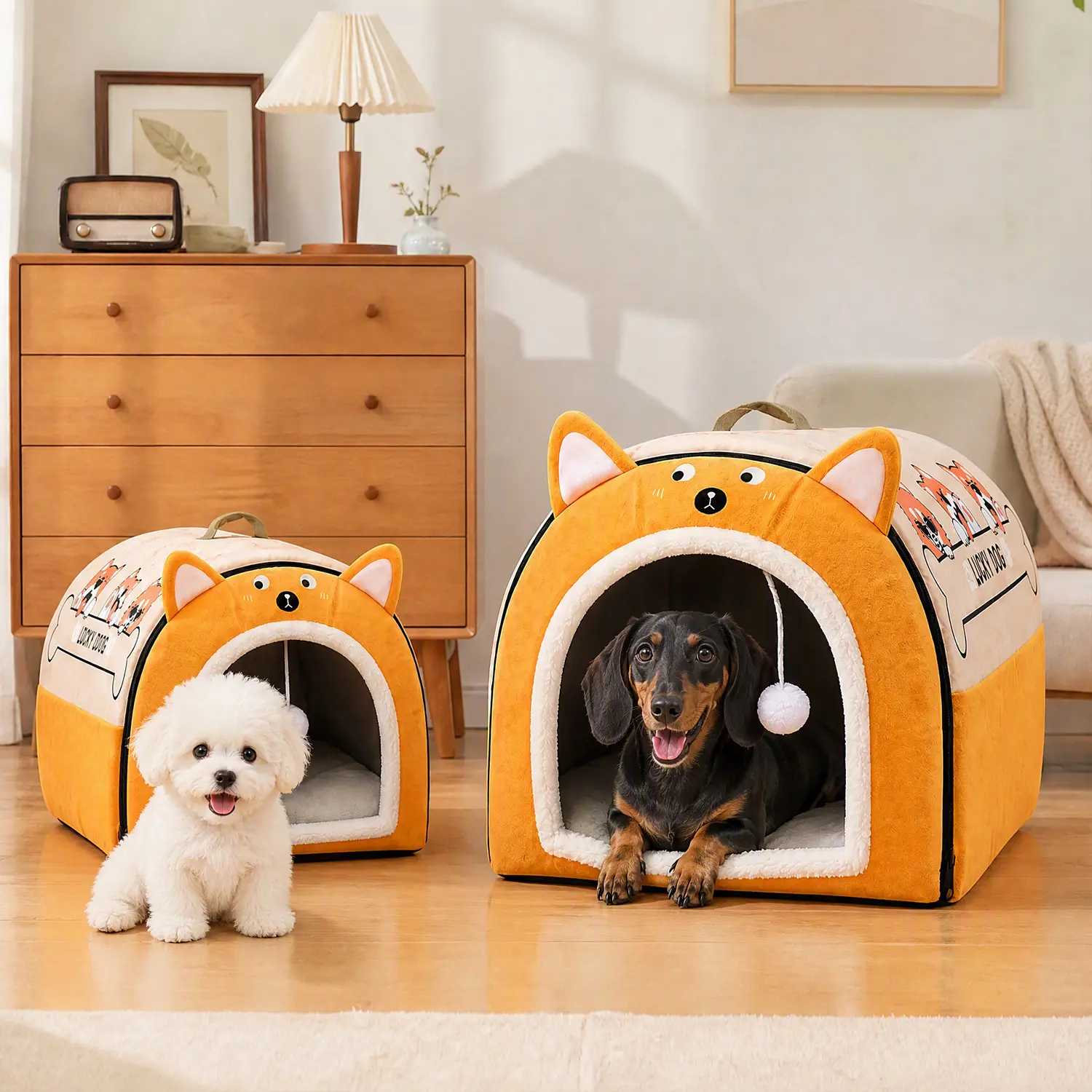 Orange cartoon-style enclosed dog bed, portable non-slip pet house, all-season insulated and washable dog house, safe sleeping bed for small and medium dogs