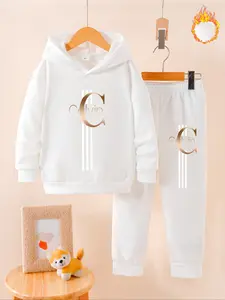 Boys Fall & Winter Fleece Set with Hooded Sweatshirt and Jogger Pants, Stylish Calvin Letter Print for School and Outdoor Play