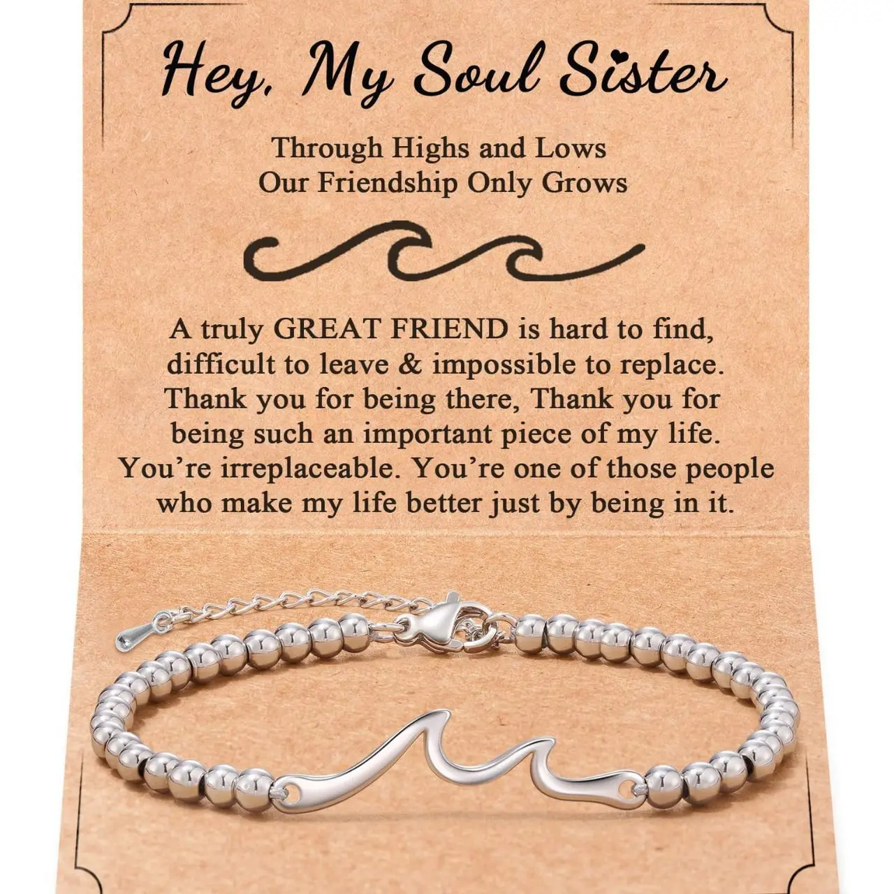 Sister Card 2+Wave Silver Bead Bracelet