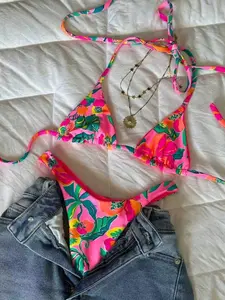 Summer New Women's Tropical Floral Print Halter Tie Sexy Casual Beach Resort Party Bikini Swimsuit Set Tie Back Bikinis