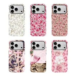 [No magnetic]  Pink Coquette Leopard Floral Phone Case,Girly Cross Aesthetic Dual-Layer design durable phone Cover,for iPhone 17 16 15 14 13 12 11 8 7 for Samsung Series,Shockproof Protective hard Cover,perfect gift for her