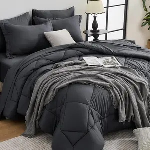 7 Pieces Queen Comforter Set, All Season Reversible Bed in a Bag, Ultra Soft Queen Bedding Set with Grey Comforter, Flat Sheet, Fitted Sheet, Pillowcases, Pillow Shams, Dark Grey