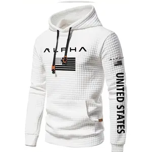 Men's Patriotic American Flag Letter Printed Hoodie - Sexy Slimming Waffle Texture, Machine Washable Spring/Autumn Casual Hoodie, Spring/Autumn Apparel